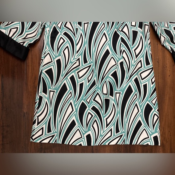 Tibi Shift Dress Size 10 Geometric Pattern Black White Teal 100% Silk Business - Picture 5 of 16